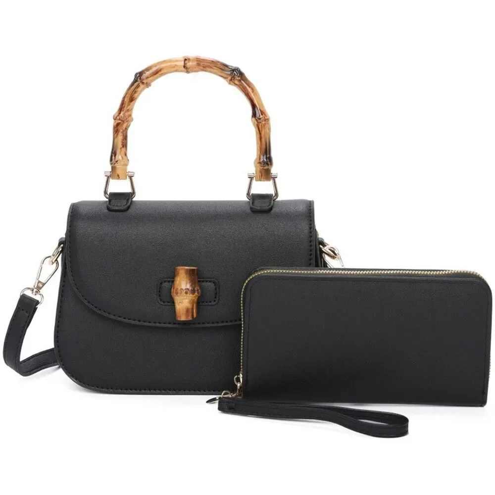 Womens Black Bamboo Shaped Top Handle Satchel With Wallet